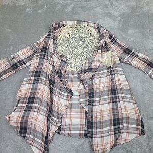 One World Womens Cardigan Medium Plaid Lace‎ Back Open Drape Front Waterfall